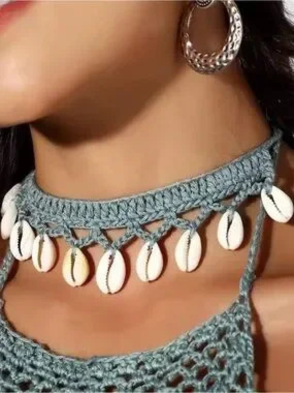 Boho Shell Crochet Choker Necklace - blue
